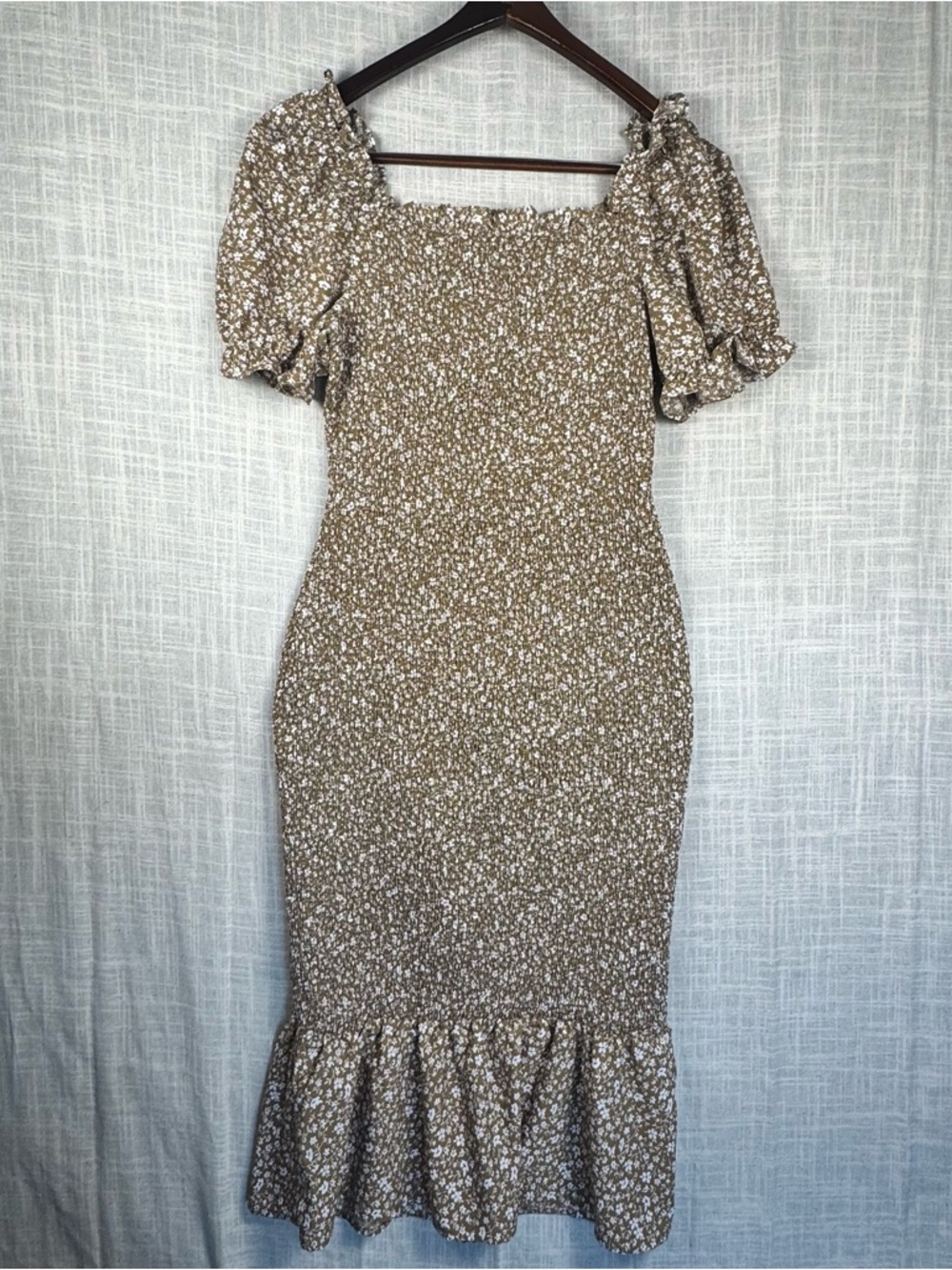 Prettygarden Smocked Floral Midi Dress XL Puff Sleeve Cottagecore Brown - Picture 12 of 12